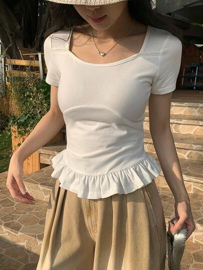 DAZY Camiseta de mujer de cuello redondo cómoda de manga corta, primavera/verano