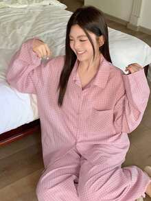 Dazy Plus 女童休闲格子睡衣两件套，宽松上衣和长裤，粉色，春夏款 - 粉色 - 查看 5