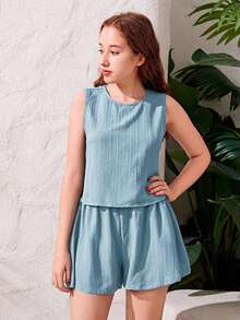 SHEIN 少女休闲无袖梭织纯色纹理面料套装，春夏款 - 淺藍色 - 查看 6
