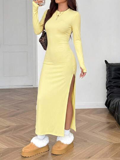 SHEIN EZwear Vestido ajustado de manga larga con cuello redondo y abertura alta en color amarillo ganso