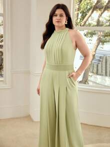 MOTF PREMIUM PLUS SIZE WOMEN'S HALTER NECK RUCHED JUMPSUIT, ELEGANT AND LEG LENGTHENING, SPRING/SUMMER - Green - View 4