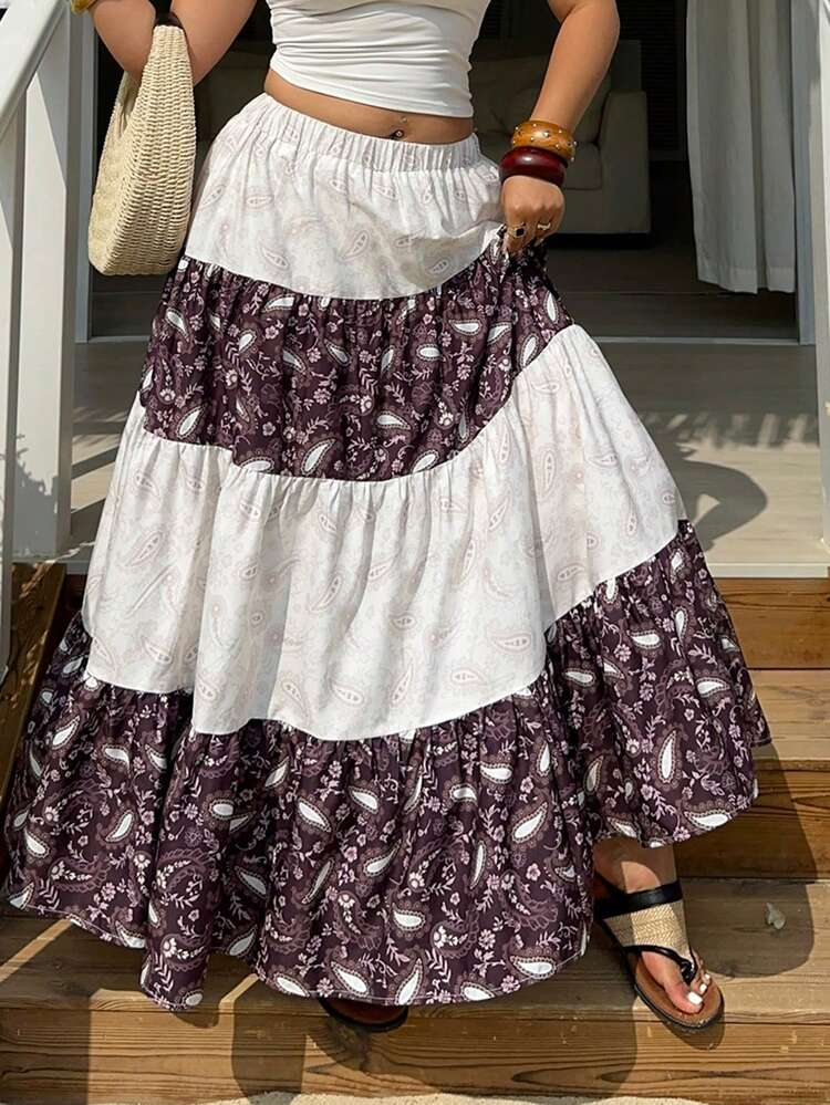 Dazy Plus Spring & Summer Loose Casual Vacation Bohemian Geometric Floral Print Color Block Skirt, Plus Size