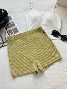 Comfortcana Pale Yellow Women's Ribbed Super Short Leggings - Pale Yellow - View 5
