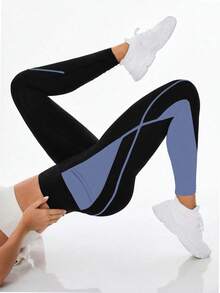 Exploreva Fitted High Waist Comfortable Breathable Contrast Color Sports Leggings - Iron Gray - View 4