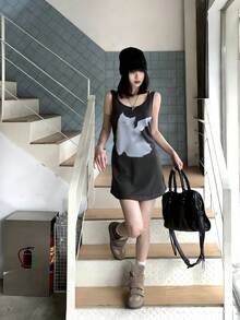 K-Vae Summer Minimalist Sexy Deep V-Neck Tie Strap Cat Print Dress - Camel - View 3