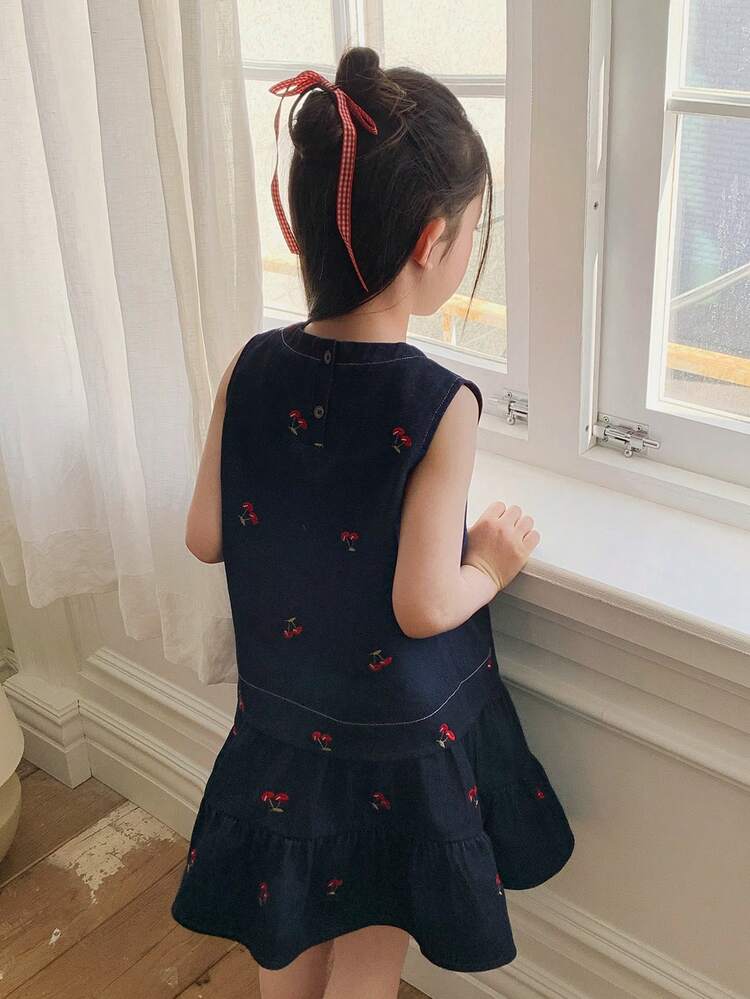 Young Girls Korean Style Bow Sleeveless Shirt & Pleated Skirt 2 Pieces Denim Set