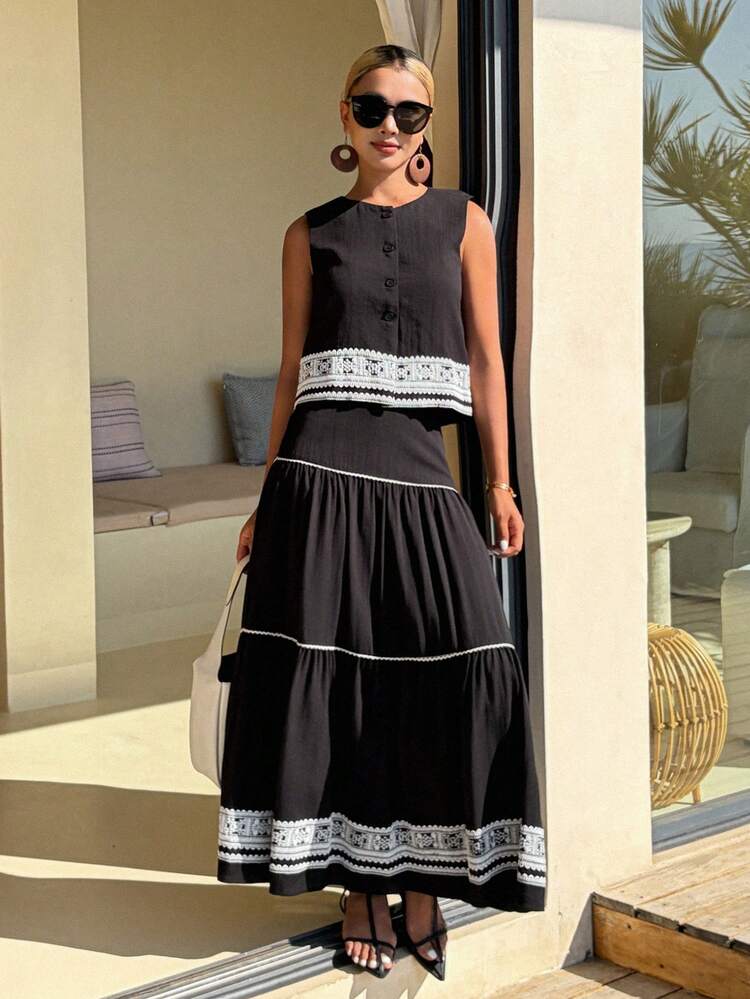 Women's Contrast Embroidered Graphic Camisole And High Waist Pleated Splice Skirt Vacation Style 2 Pieces Set