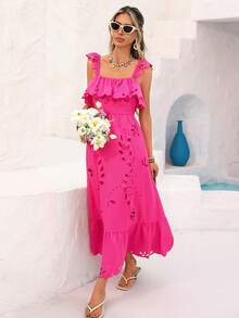 Vivid Eden 女士镂空荷叶边连衣裙，时尚度假之选 - 藍色 - 查看 6