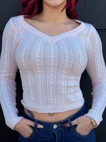 Bearsaez Nuevo suéter de cuello en V profundo, de manga larga, ajustado, de punto de cable vintage minimalista, una prenda exterior versátil para otoño/invierno - Rosa - Ver 3