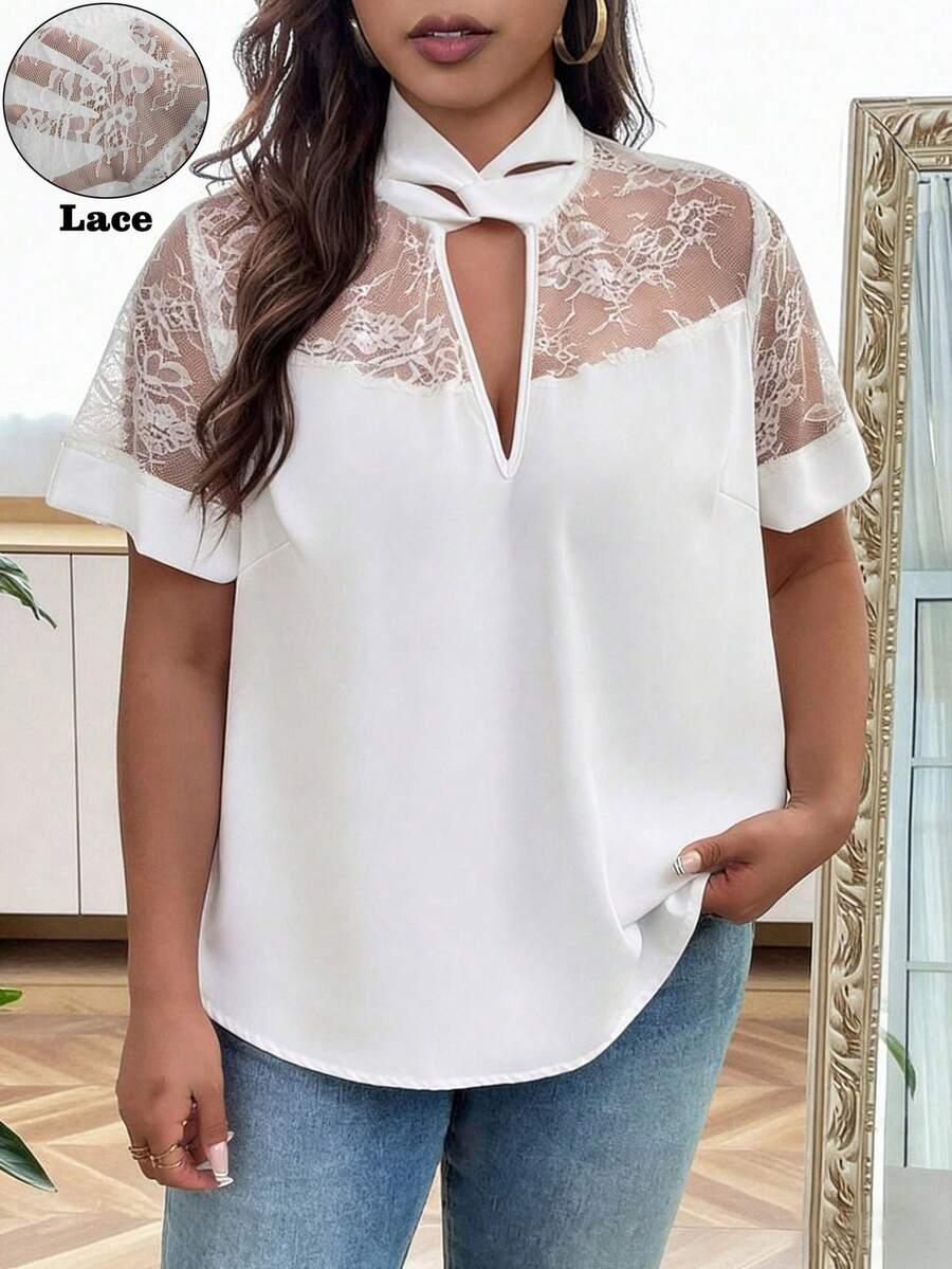 EMERY ROSE Auvina Plus Size Women's Solid Color Elegant Twist Collar Lace Patchwork Plus Size Blouse - White - View 1