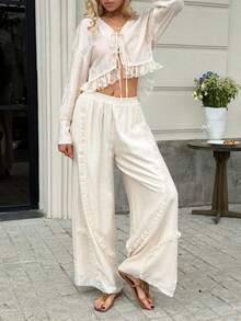 Livesso 2pcs/Set Women's White Lace Patchwork Tie-Up Vacation Outfit Lounge Sets For Women - Apricot - View 4