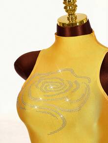 Amplova Y2K Rhinestone Embellished Top With Asymmetrical Hem, Low Waist Women Shorts, 2-Piece Set - Yellow - View 4