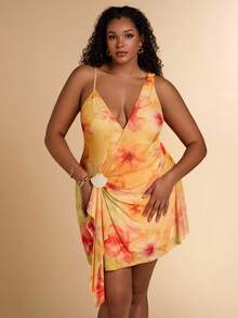 SHEIN BAE 大码女式V领黄色碎花迷你裙，贝壳装饰，度假海滩风 - 黃色 - 查看 6