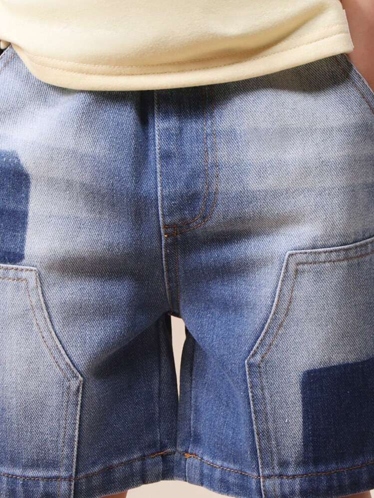 Boys Patchwork Denim Carpenter Shorts With Smokey Wash And Relaxed Fit Summer Casual Wear