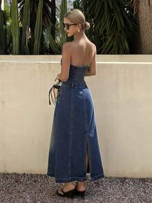 DAZY Women's Casual Washed Denim Jumpsuit Dress With Pockets, Summer - Medium Wash - View 2