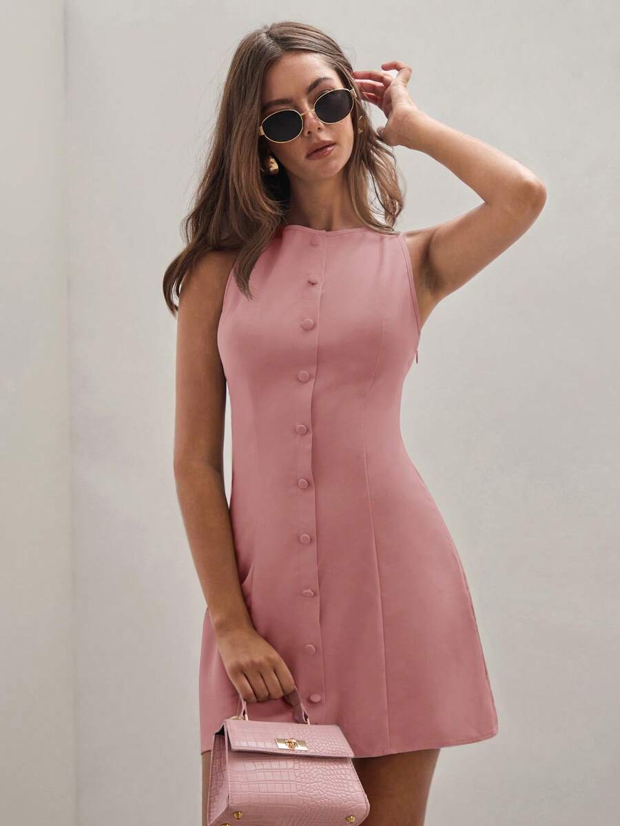 Women's Solid Color Front Button Fitted Sleeveless Mini Dress,Summer Dresses For Women - Dusty Pink - View 1