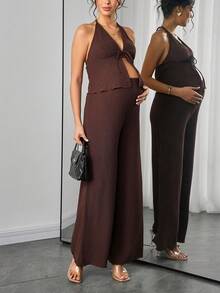 Momance 女士夏季露背系带上衣 + 可调节腰围裤子两件套，孕妇装 - 棕色 - 查看 5