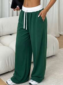Dewbera Dewbera Loose Fit Contrast Color Drawstring Waist Slant Pocket Wide Leg Yoga Pants - Dark Green - View 5