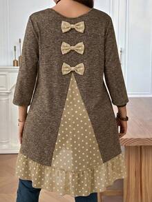 EMERY ROSE 大码女式早春休闲度假灰色波点印花蝴蝶结装饰荷叶边下摆T恤 - 卡其色 - 查看 2