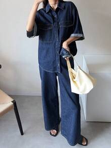 FRIFUL 女士时尚牛仔衬衫和裤子套装 - 藍色 - 查看 5