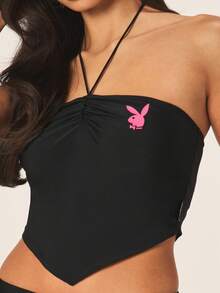 Missguided x Playboy Áo quây không dây dành cho nữ với chi tiết nhún bèo phía trước và dây buộc cổ, thích hợp mặc đi biển, câu lạc bộ mùa hè, kiểu dáng ngắn thoải mái. - màu đen - Xem 5