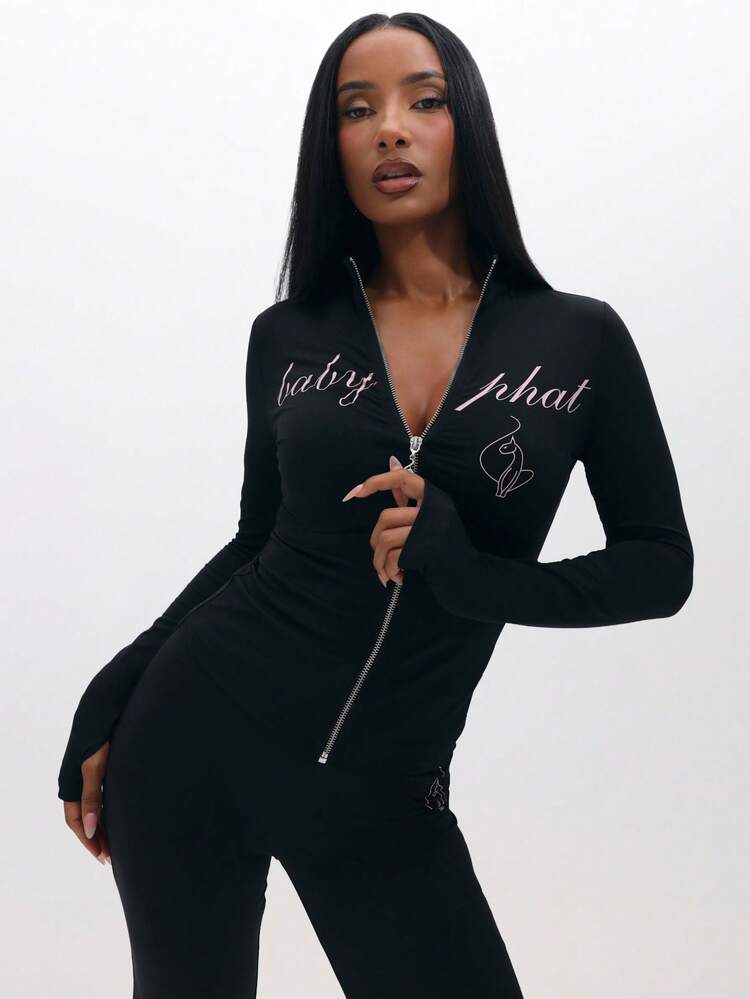 BABYPHAT Plus Size Women Black Zip Through Hoodie Long Sleeve V Neck Script Print Casual Sweatshirt Top Winter Fall Comfortable Relaxed Fit