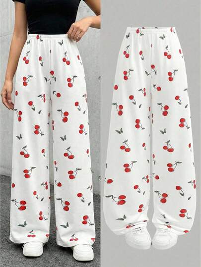 SHEIN Quần ống đứng cạp thấp tối giản, thoải mái dành cho nữ tuổi teen, thích hợp cho mùa hè và mặc ở nhà, họa tiết quả anh đào, dễ thương.