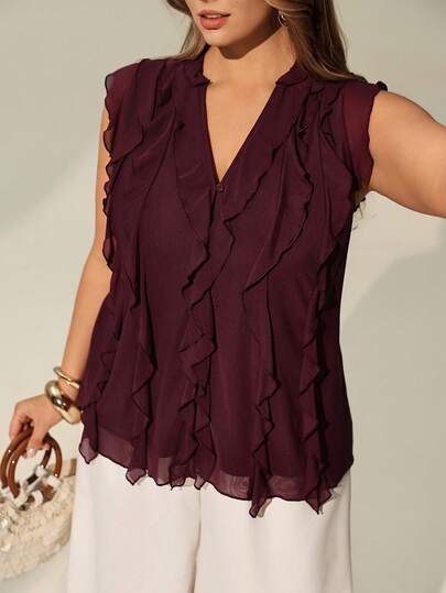 Auralis 大码优雅纯色荷叶边无袖衬衫，夏季