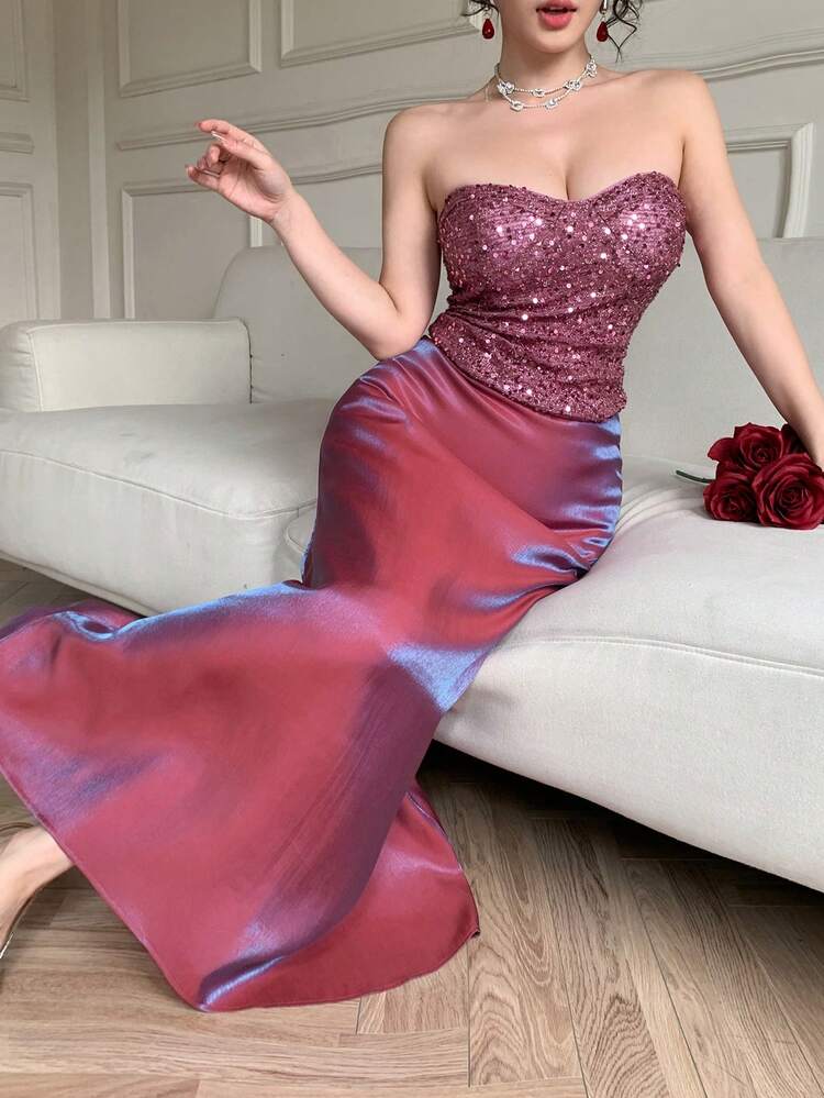 Women's Elegant Sequin Bandeau Top And Skirt 2 Pieces Set, Summer