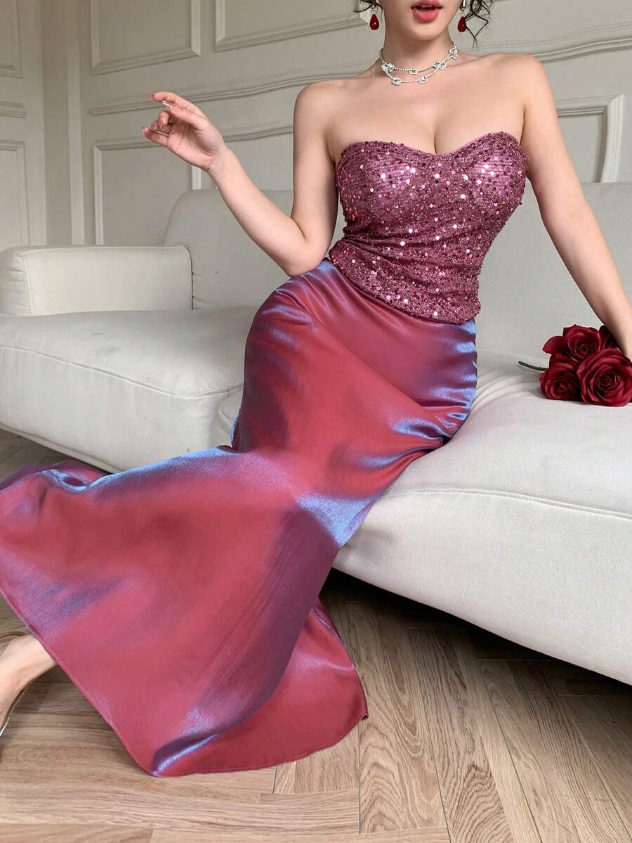 DAZY 女士优雅亮片抹胸上衣和半裙两件套，夏季 - 紫色 - 查看 1