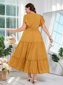 Reflora Plus Size Women's Mustard Yellow Polka Dot V-Neck Ruched Waist Elegant Party Dress,Summer Boho Vacation Holiday Beach Wedding Guest Formal Evening - Yellow - View 3