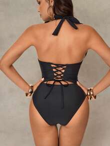 Shapewave Women's Lace Patchwork Halter Tie Strap One-Piece Swimsuit, Beach Vacation - Black - View 7