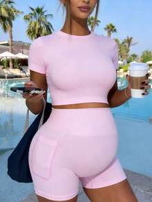 SHEIN Maternity Solid Color Round Neck Short Sleeve T-Shirt And Pocket Shorts Sports Suit,Word Cup - Pink - View 10