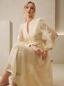 Anewsta 优雅花卉刺绣薄纱花瓣袖系腰女装 - 黃色 - 查看 7