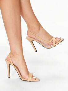 Glitzique 女士玻璃胶漆皮露趾踝带细高跟凉鞋，蓝色，个性化，流行时尚，派对，宴会 - 杏色 - 查看 2