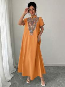 Rafferiza Contrast Color Embroidered Jewel Collar Loose Long Dress For Women - Burnt Orange - View 5