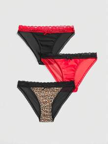 ROMWE Grunge Punk Bộ đồ lót nữ 3 món phong cách Gothic Y2K họa tiết da báo phối ren tương phản - Nhiều màu - Xem 1