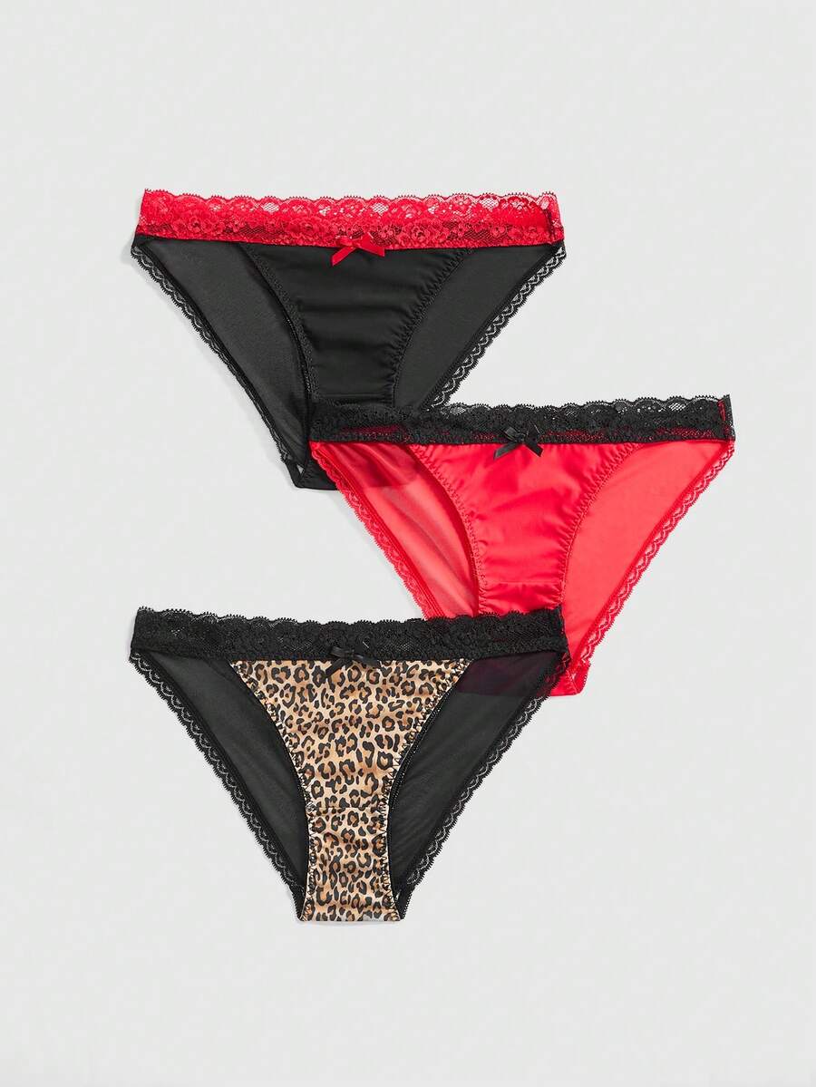 ROMWE Grunge Punk Bộ đồ lót nữ 3 món phong cách Gothic Y2K họa tiết da báo phối ren tương phản - Nhiều màu - Xem 1