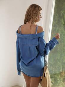 Sunnyshic Women's Casual Daily Front Button Pocket Denim Blouse - Light Wash - View 2