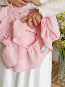 SHEIN LMoss Kids 少女休闲纯色圆领短袖套头衫 - 淺粉色 - 查看 5