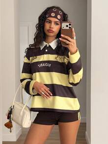 Muchica Yellow Striped Knit Women's Long Sleeve Top And Shorts Set - Brown - View 1