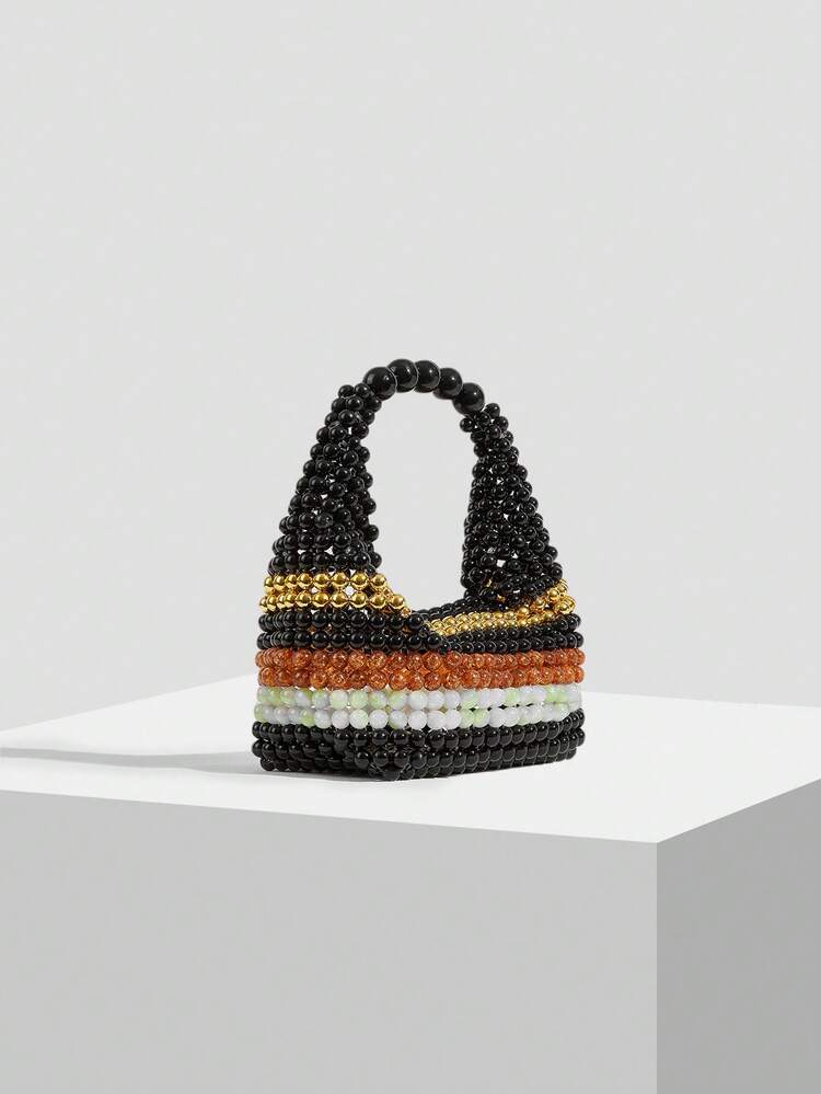 Handmade Beaded Colorblock Striped Tote Bag, Casual Vacation