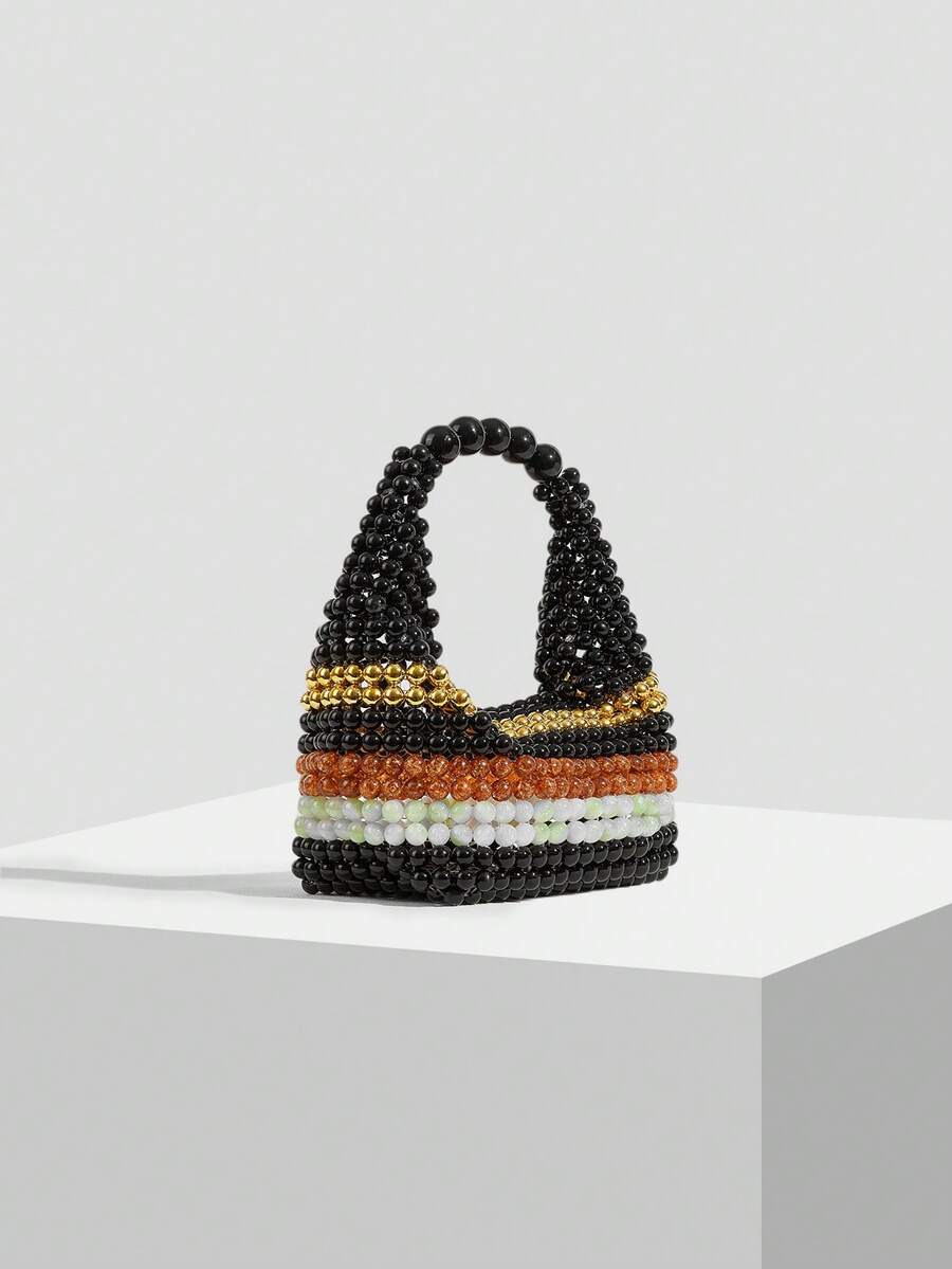 MOTF Túi xách tay thủ công đính cườm, phối màu sọc, thích hợp cho kỳ nghỉ thường ngày. - Màu - Xem 2