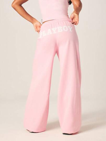 Missguided x Playboy Women's Pink Wide Leg Joggers With Drawstring Waist And Brand Logo Text For Casual Lounge Wear