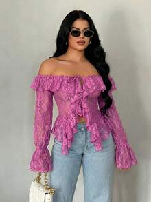 SHEIN SXY 女款度假休閒開襟荷葉邊露肩長袖透視蕾絲上衣，春夏款 - 紫色 - 查看 5