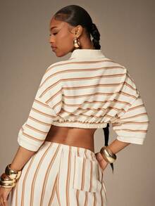 Denimoi Cropped Collared Knit Top Vacation Outfits Cropped Polo Shirt - Beige - View 3