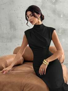 Firerie Women's Elegant Minimalist Casual Daily Commute Vacation Fashion New Small Stand Collar Draped Sleeve Cinched Waist Apricot Long Dress Classy Black Dress Elegant Midi Dress Collar Dress - Black - View 8