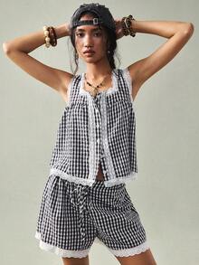 SoleilVie 夏季新款法式复古黑白格子无袖蕾丝边开衫+短裤两件套，精致甜美少女镂空花卉蕾丝套装 - 黑與白 - 查看 6