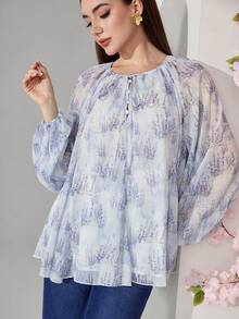 Veilorie Blusa elegante da donna con maniche a lanterna e laccio frontale, autunnale - Multicolore - Visualizzare 5