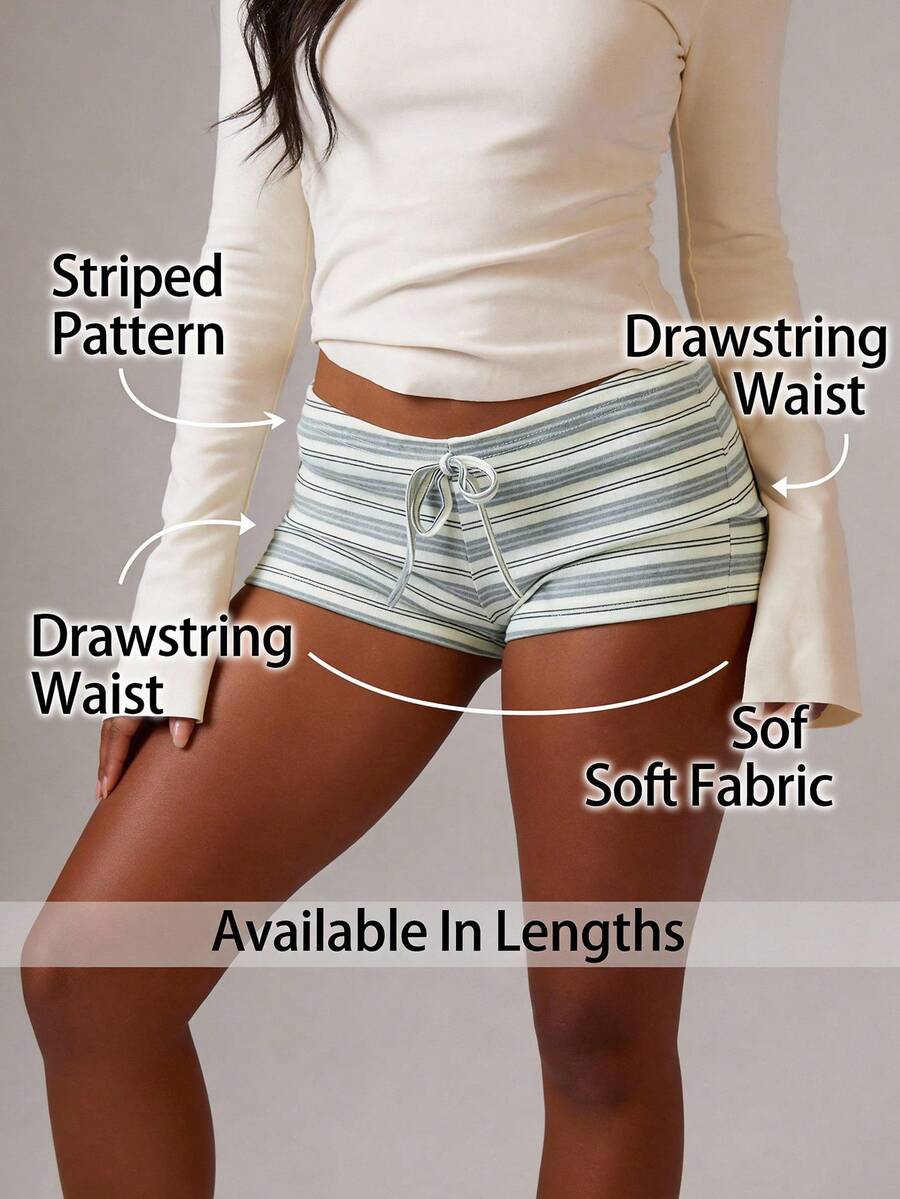 SHEIN Tall CURVE 大码女式腰带条纹性感短裤，条纹短裤，系带短裤，夏季女装，休闲女装，海滩度假女装 - 黑色 - 查看 1